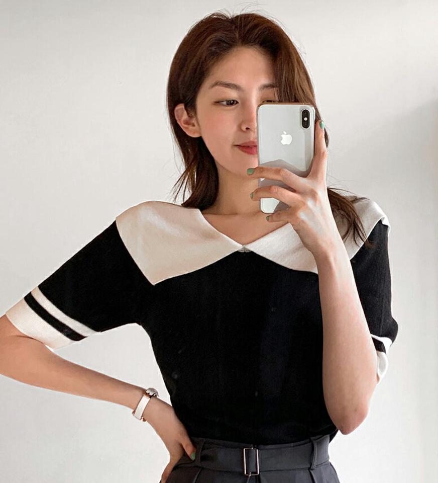 配色カラー半袖ニット・全3色・b00486 レディース 【tops】韓国ファッション トップス ニット 大人 半袖 Vネック 配色 ビッグカラー かわいい シンプル フェミニン カジュアル デイリー 夏 春 秋