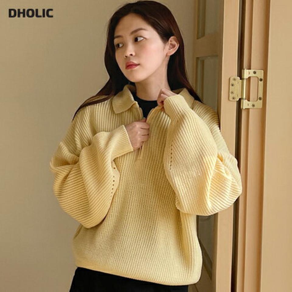 ハーフジップカラーニット・全5色・t00484 レディース 【tops】韓国ファッション トップス ニット 大人 長袖 ハーフジップ カラーニット パンチング ドロップショルダー かわいい 無地 シンプル フェミニン カジュアル デイリー 春 秋