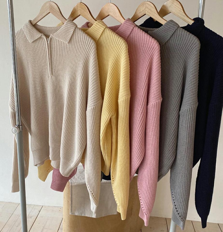 ハーフジップカラーニット・全5色・t00484 レディース 【tops】韓国ファッション トップス ニット 大人 長袖 ハーフジップ カラーニット パンチング ドロップショルダー かわいい 無地 シンプル フェミニン カジュアル デイリー 春 秋