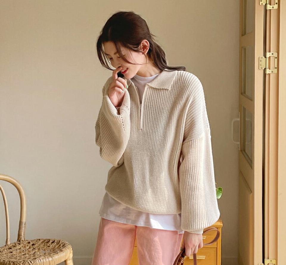 ハーフジップカラーニット・全5色・t00484 レディース 【tops】韓国ファッション トップス ニット 大人 長袖 ハーフジップ カラーニット パンチング ドロップショルダー かわいい 無地 シンプル フェミニン カジュアル デイリー 春 秋