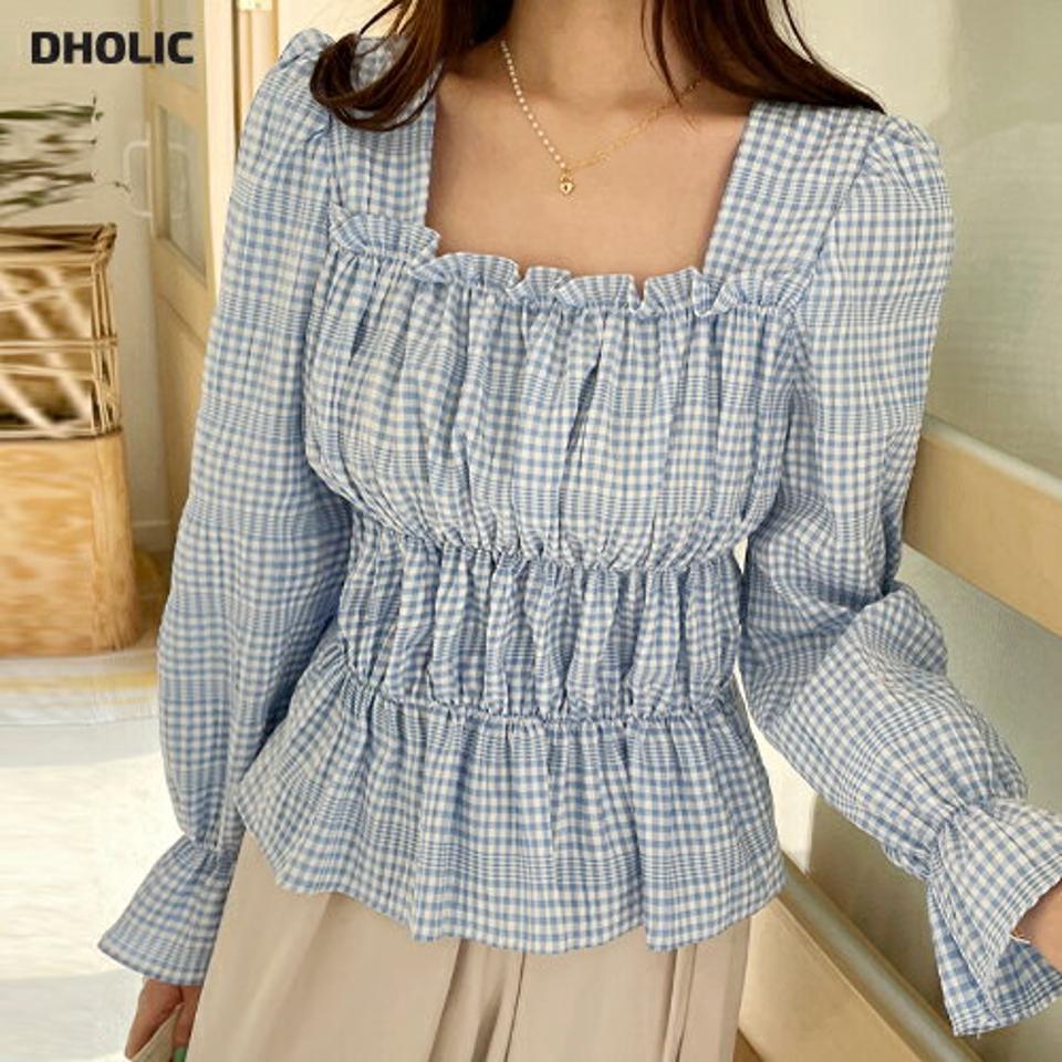 スクエアギャザーチェックブラウス・全4色・t00493 レディース 【bl】韓国ファッション トップス ブラウス 長袖 スクエアネック ギャザー チェック柄 シンプル 水色 かわいい 可愛い カジュアル フェミニン ガーリー 春 秋