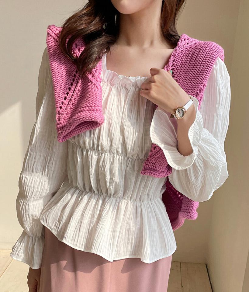 スクエアギャザーチェックブラウス・全4色・t00493 レディース 【bl】韓国ファッション トップス ブラウス 長袖 スクエアネック ギャザー チェック柄 シンプル 水色 かわいい 可愛い カジュアル フェミニン ガーリー 春 秋