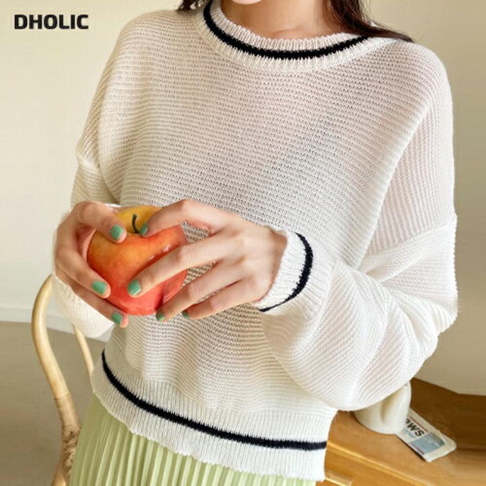 配色ラインラウンドニット・全4色・t00483 レディース 【tops】韓国ファッション トップス ニット 大人 長袖 ラウンドネック 配色 ドロップショルダー シンプル フェミニン カジュアル デイリー 春 秋