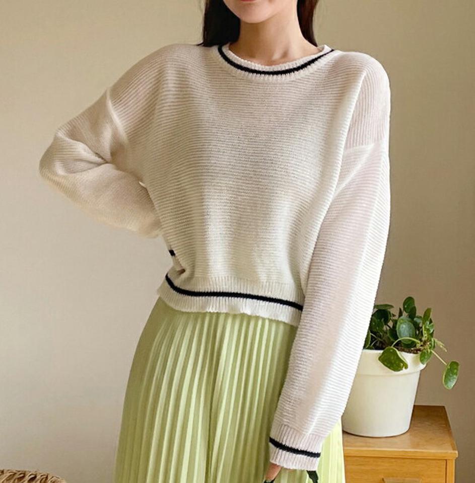 配色ラインラウンドニット・全4色・t00483 レディース 【tops】韓国ファッション トップス ニット 大人 長袖 ラウンドネック 配色 ドロップショルダー シンプル フェミニン カジュアル デイリー 春 秋