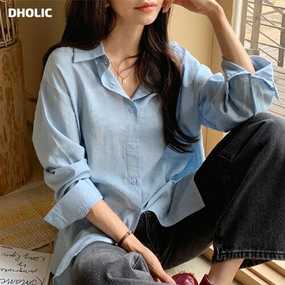 ナイロン混ラウンドヘムシャツ・全3色・t00489 レディース 【bl】韓国ファッション トップス シャツ 長袖 カラーネック ナイロン混 ラウンドヘム ルーズ 無地 ベーシック シンプル カジュアル フェミニン ガーリー 春 秋