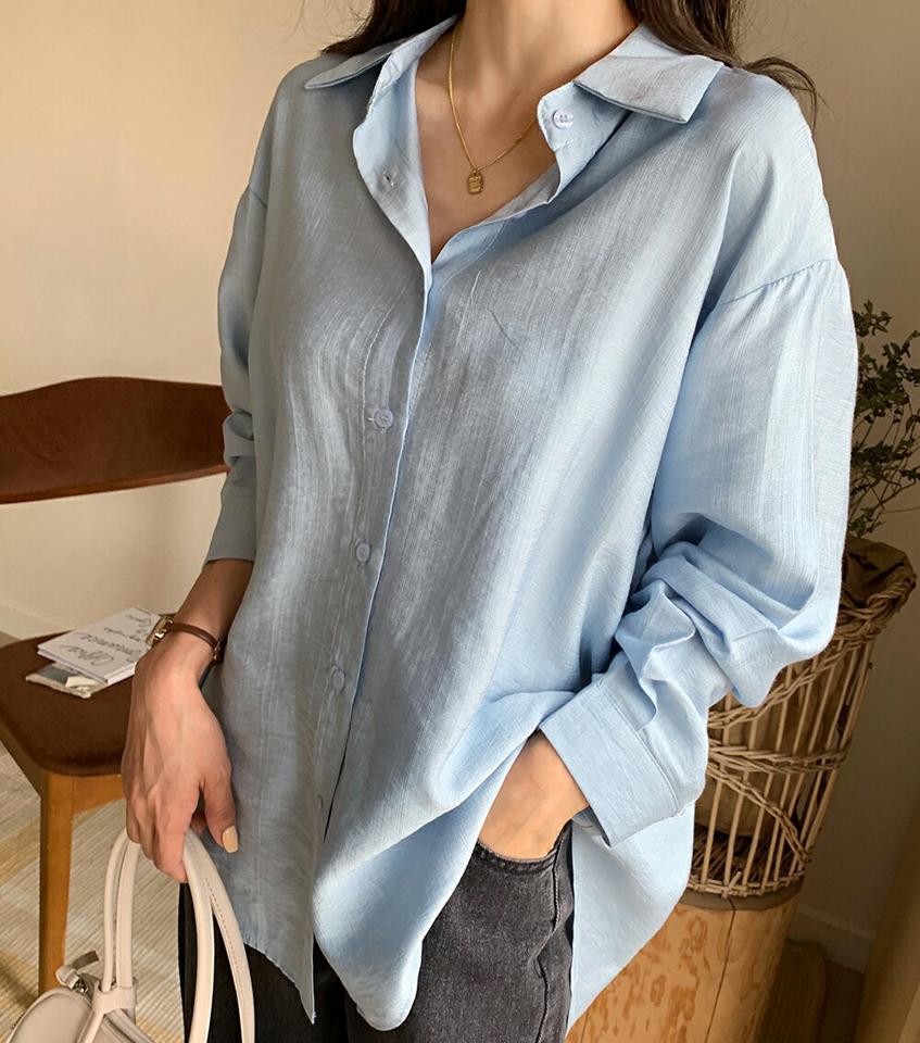 ナイロン混ラウンドヘムシャツ・全3色・t00489 レディース 【bl】韓国ファッション トップス シャツ 長袖 カラーネック ナイロン混 ラウンドヘム ルーズ 無地 ベーシック シンプル カジュアル フェミニン ガーリー 春 秋