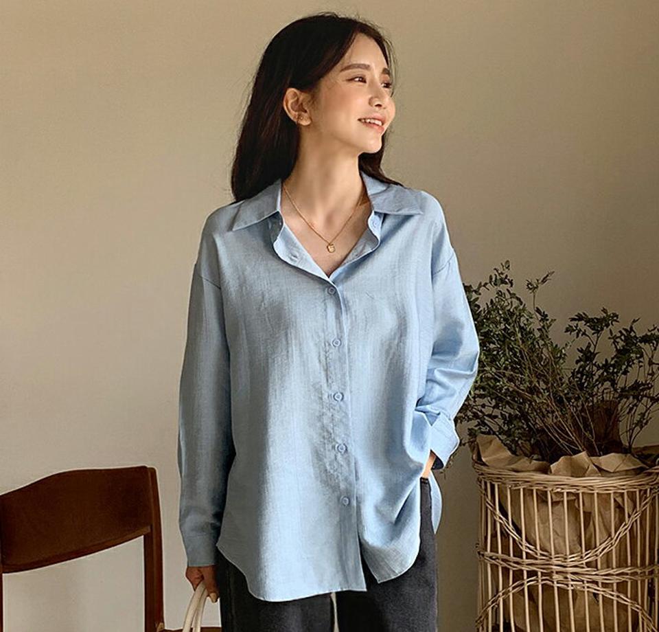 ナイロン混ラウンドヘムシャツ・全3色・t00489 レディース 【bl】韓国ファッション トップス シャツ 長袖 カラーネック ナイロン混 ラウンドヘム ルーズ 無地 ベーシック シンプル カジュアル フェミニン ガーリー 春 秋