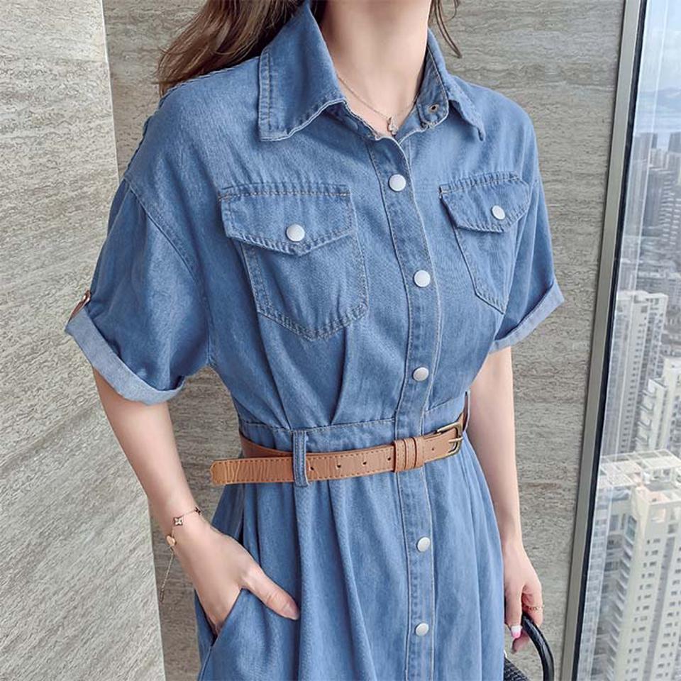 デニムワンピース レデイース 春夏 きれいめ シャツワンピース aラインワンピース マキシワンピース 着痩せ 五分袖 ワンピ 通勤 上品 新作