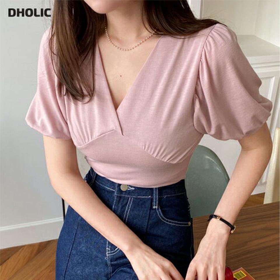 VネックギャザーパフTシャツ・全3色・t66804 レディース 【tops】Tシャツ トップス 半袖 Vネック 単色 無地 シンプル 鎖骨 デコルテ見せ 春 夏 パフスリーブ パフ袖 パステル ギャザー 上品 ボリューム 伸縮 キュート フェミニン ガーリー 韓国ファッション