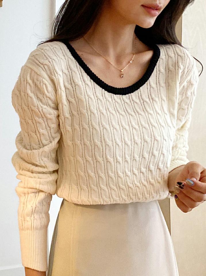 【クリアランスセール】カシミヤ混Uネック配色ニット・全4色・t65375 レディース 【tops】韓国ファッション トップス ニット 大人 長袖 Uネック 配色 カシミヤ混 クロップド丈 無地 シンプル フェミニン カジュアル デイリー 秋 冬