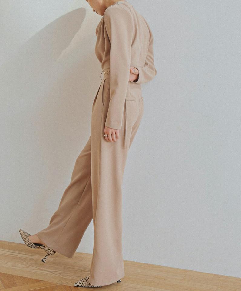 【送料無料】チェーンストラップ付オールインワン・全3色・b00223 レディース 【pt】オールインワン セット パンツ ロング 丈 長袖 ワイド 単色 無地 高級感 上品 結婚式 肩パッド内蔵 フェミニン 大人 韓国ファッション ハイホリHIHOLLI