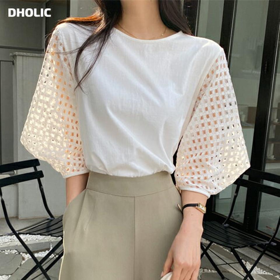 パンチングレーススリーブTシャツ・全2色・t66806 レディース 【tops】Tシャツ 七分丈 パンチング 柄 模様 透け感 単色 春 夏 パステル パフ袖 パフスリーブ ゆったり 楽ちん かわいい フェミニン ガーリー 二の腕カバー 韓国ファッション