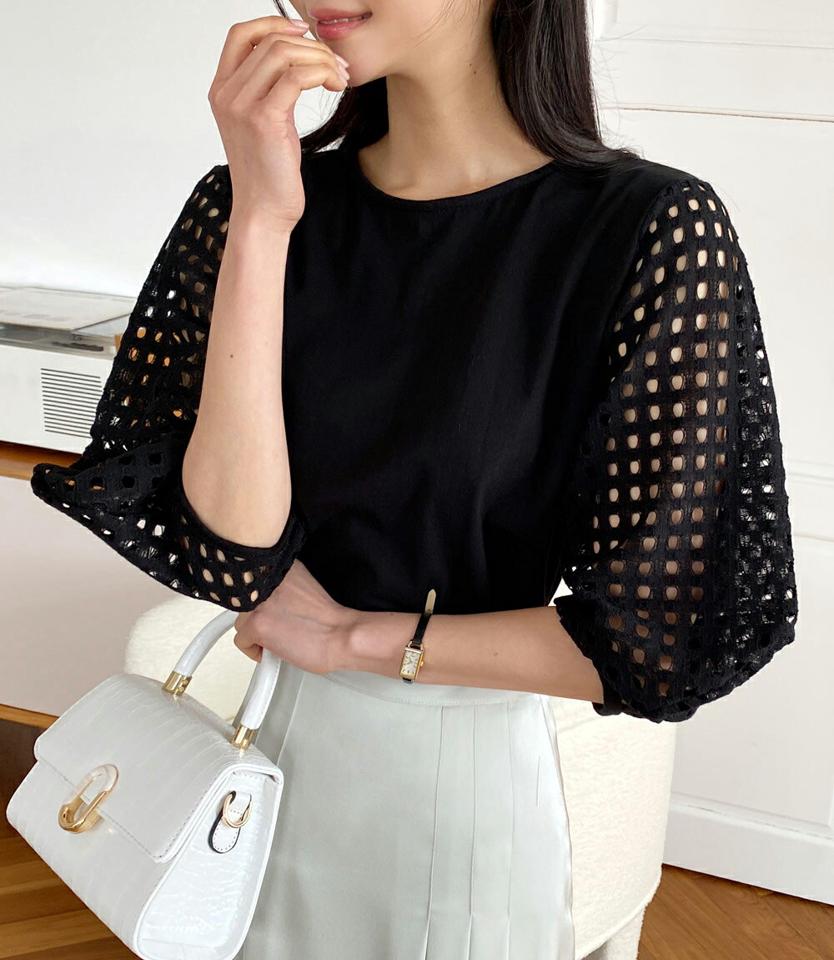 パンチングレーススリーブTシャツ・全2色・t66806 レディース 【tops】Tシャツ 七分丈 パンチング 柄 模様 透け感 単色 春 夏 パステル パフ袖 パフスリーブ ゆったり 楽ちん かわいい フェミニン ガーリー 二の腕カバー 韓国ファッション