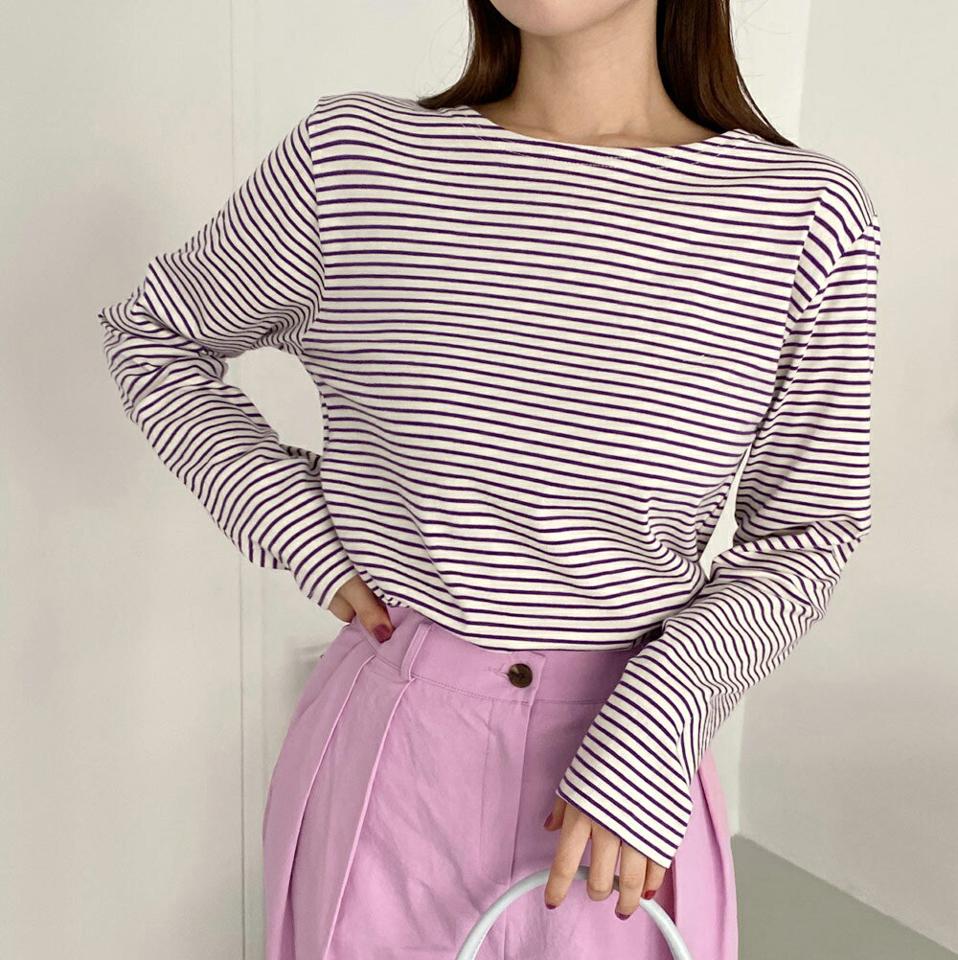 ボーダーラウンドネックTシャツ・全4色・t66807 レディース 【tops】Tシャツ 長袖 ボーダー 柄 模様 ラウンドネック 春 秋 爽やか カジュアル フェミニン ロングシーズン かわいい 可愛い 綿 100％ ガーリー 韓国ファッション
