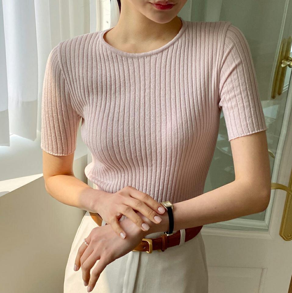 リブ半袖ニット・全5色・b66808 レディース 【tops】トップス ニット 半袖 リブ リブニット シンプルニット カラーニット パステル ラウンドネック 春 秋 上品 オフィスカジュアル カジュアル フェミニン 大人っぽ 韓国ファッション