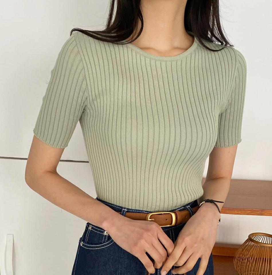 リブ半袖ニット・全5色・b66808 レディース 【tops】トップス ニット 半袖 リブ リブニット シンプルニット カラーニット パステル ラウンドネック 春 秋 上品 オフィスカジュアル カジュアル フェミニン 大人っぽ 韓国ファッション