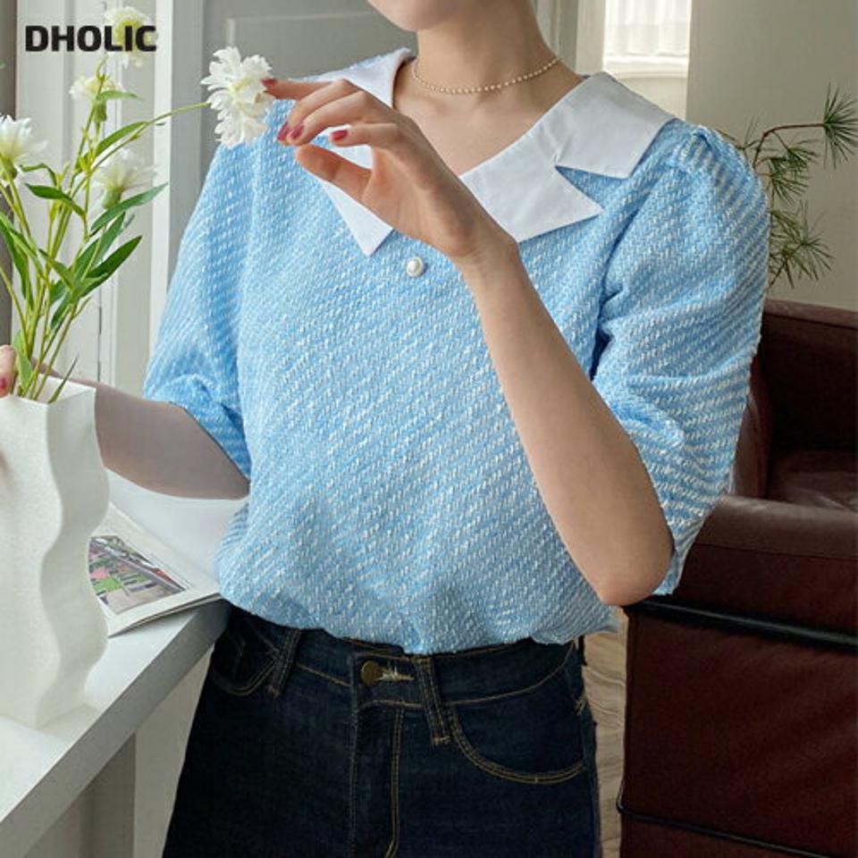 ツイードコントラストカラーブラウス・全3色・t66812 レディース 【bl】ブラウス トップス 半袖 襟コン 配色 ツイード 柄 模様 パステル 春 秋 パール調 ボタン スリット 水色 パフスリーブ パフ袖 フェミニン ガーリー キュート 韓国ファッション