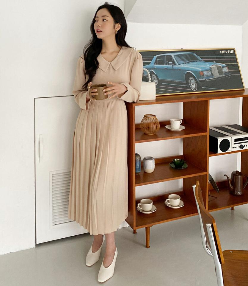カラーネックプリーツパフワンピース・全3色・t66818 レディース 【ops】ワンピース 長袖 ロング丈 単色 無地 襟コン 襟 プリーツ デコルテ パステル 春 秋 上品 フェミニン ガーリー ダーツ 韓国ファッション GWセール
