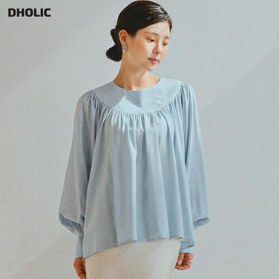 パール調ボタンフレアブラウス・全3色・t00220 レディース 【bl】ブラウス 長袖 トップス 単色 無地 シンプル パールボタン 春 秋 冬 フレア ギャザー ゆったり 上品 パステル オフィスカジュアル 韓国ファッション ハイホリHIHOLLI