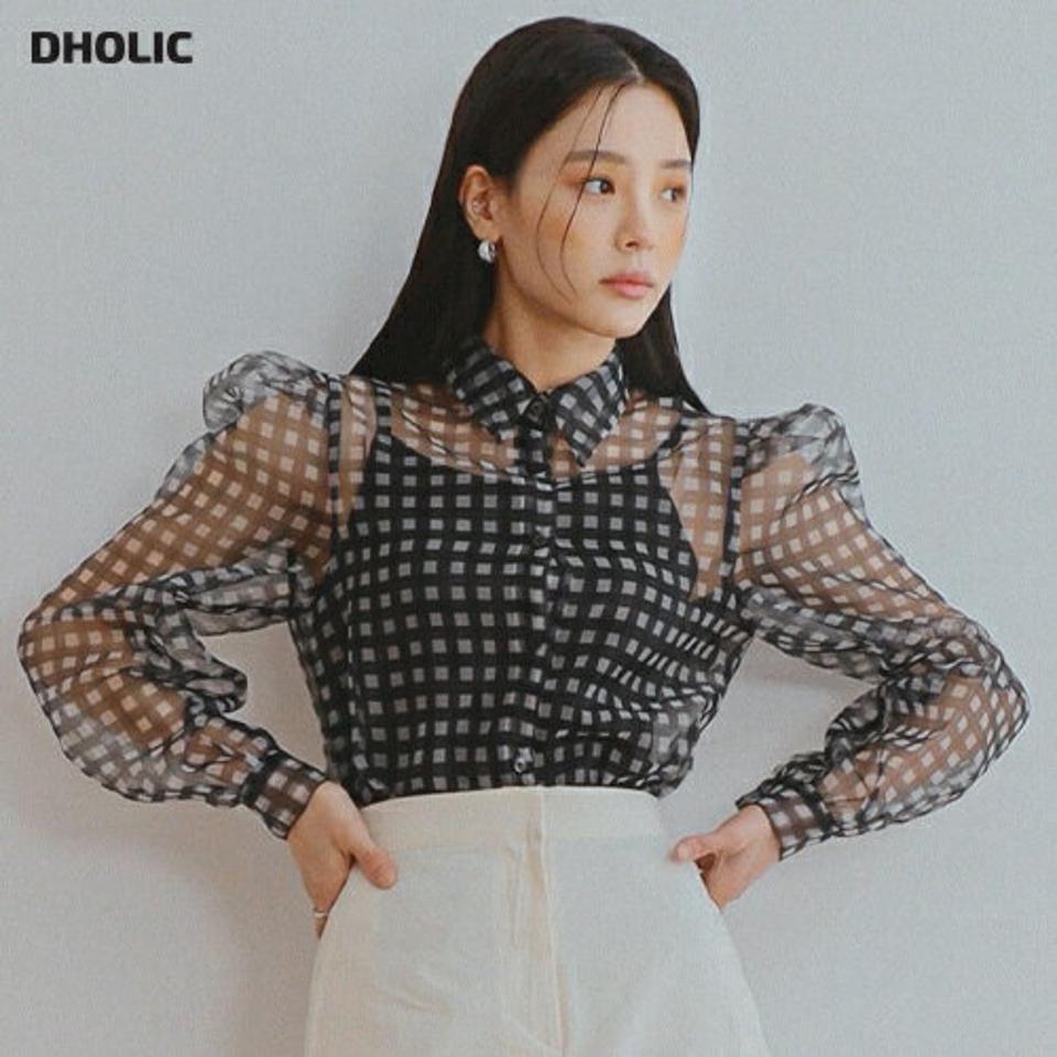 2TYPEシアーシャツブラウス・全4色・t00222 レディース 【bl】ブラウス トップス 長袖 シャツ シアー 透け感 模様 花柄 チェック 柄 ボタン 襟 クロップド丈 シースルー パフスリーブ パフ袖 ガーリー キュート フェミニン 韓国ファッション ハイホリHIHOLLI