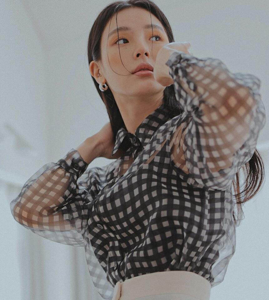 2TYPEシアーシャツブラウス・全4色・t00222 レディース 【bl】ブラウス トップス 長袖 シャツ シアー 透け感 模様 花柄 チェック 柄 ボタン 襟 クロップド丈 シースルー パフスリーブ パフ袖 ガーリー キュート フェミニン 韓国ファッション ハイホリHIHOLLI