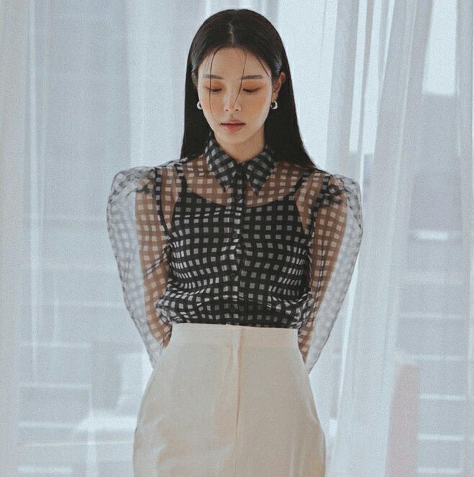 2TYPEシアーシャツブラウス・全4色・t00222 レディース 【bl】ブラウス トップス 長袖 シャツ シアー 透け感 模様 花柄 チェック 柄 ボタン 襟 クロップド丈 シースルー パフスリーブ パフ袖 ガーリー キュート フェミニン 韓国ファッション ハイホリHIHOLLI