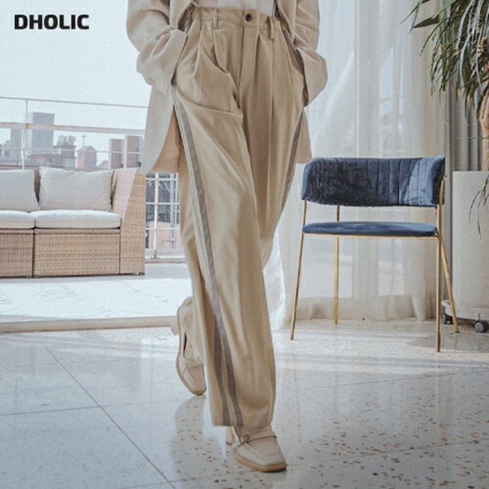 サイドダブルラインワイドスラックス・全3色・a00226 レディース 【pt】パンツ ロング 丈 スラックス ワイド ライン 配色 ライン ハイウエスト ゴム 春 秋 冬 カジュアル 大人っぽ 脚長 パステル 韓国ファッション ハイホリHIHOLLI