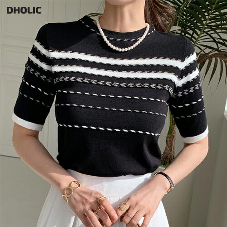 マルチボーダークロップドニット・全2色・b00255 レディース 【tops】トップス ニット 半袖 ボーダー 柄 模様 クロップド丈 春 夏 スタイルアップ カジュアル 上品 スリム かわいい 可愛い フェミニン白 黒 韓国ファッション ハイホリHIHOLLI