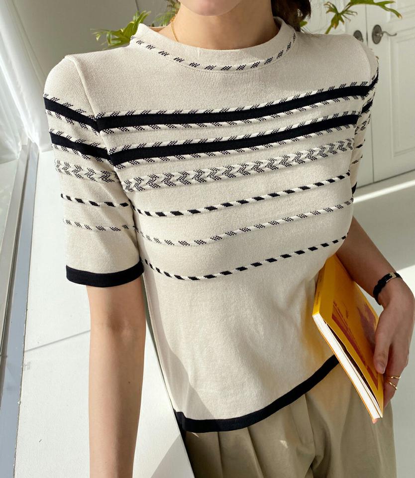 マルチボーダークロップドニット・全2色・b00255 レディース 【tops】トップス ニット 半袖 ボーダー 柄 模様 クロップド丈 春 夏 スタイルアップ カジュアル 上品 スリム かわいい 可愛い フェミニン白 黒 韓国ファッション ハイホリHIHOLLI