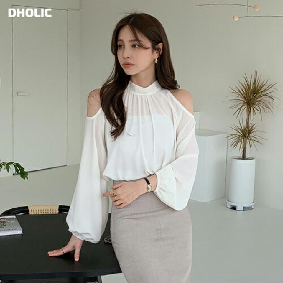 ショルダースリットブラウス・全2色・b00257 レディース 【bl】ブラウス 長袖 トップス ショルダー パステル 春 秋 肩見せ 肌見せ シフォン フェミニン ガーリー カットアウト 上品 ハーフネック 大人っぽ 韓国ファッション ハイホリHIHOLLI