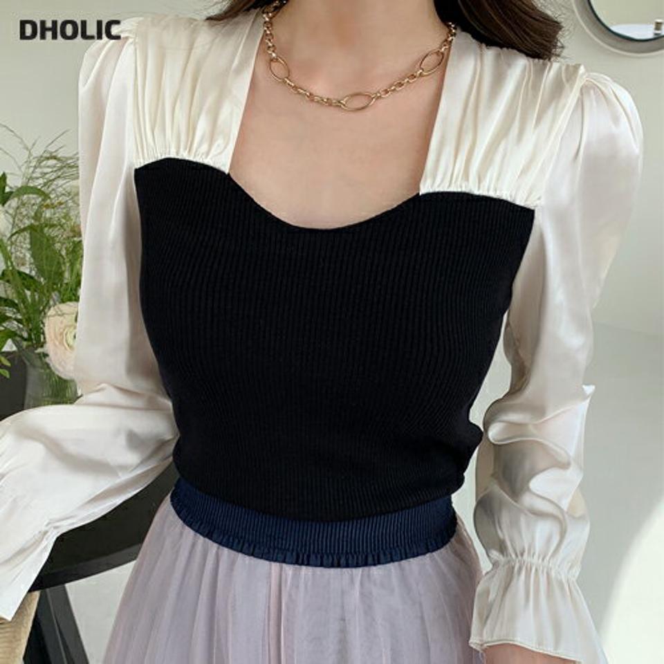 【15%OFF】ハートネック配色ニット・全2色・t00258 レディース 【tops】トップス ニット 長袖 異素材 配色 ハートネック 鎖骨 デコルテ見せ 光沢 リブ 上品 フェミニン ガーリー かわいい 可愛い パステル 韓国ファッション ハイホリHIHOLLI GWセール