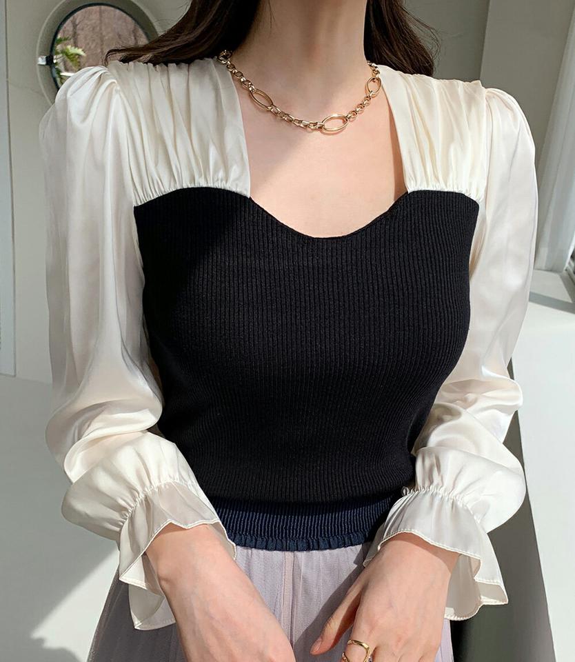 【15%OFF】ハートネック配色ニット・全2色・t00258 レディース 【tops】トップス ニット 長袖 異素材 配色 ハートネック 鎖骨 デコルテ見せ 光沢 リブ 上品 フェミニン ガーリー かわいい 可愛い パステル 韓国ファッション ハイホリHIHOLLI GWセール