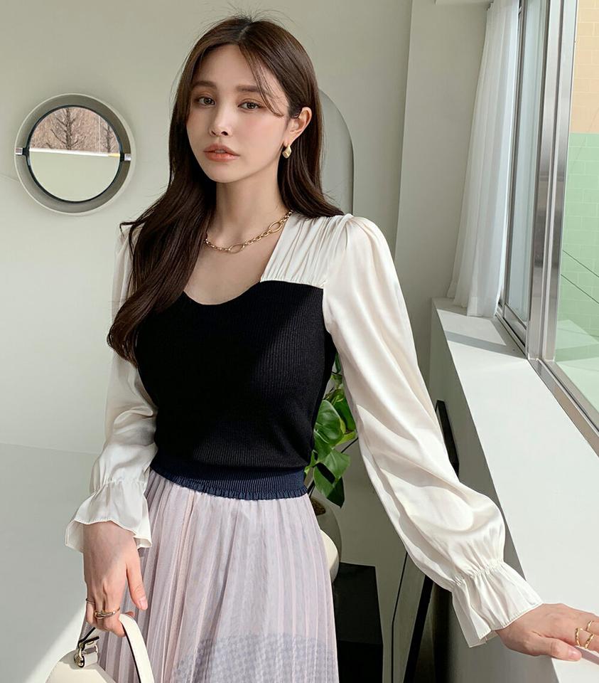 【15%OFF】ハートネック配色ニット・全2色・t00258 レディース 【tops】トップス ニット 長袖 異素材 配色 ハートネック 鎖骨 デコルテ見せ 光沢 リブ 上品 フェミニン ガーリー かわいい 可愛い パステル 韓国ファッション ハイホリHIHOLLI GWセール