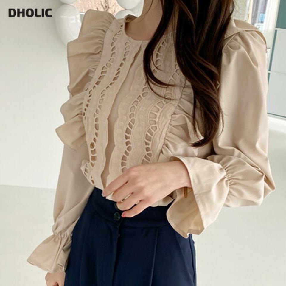 フリルレースブラウス・全2色・b00259 レディース 【bl】ブラウス 長袖 フリル レース 柄 模様 単色 華やか 春 秋 パステル ラブリー 上品 ガーリー スリット ギャザー フェミニン かわいい 可愛い 韓国ファッション ハイホリHIHOLLI
