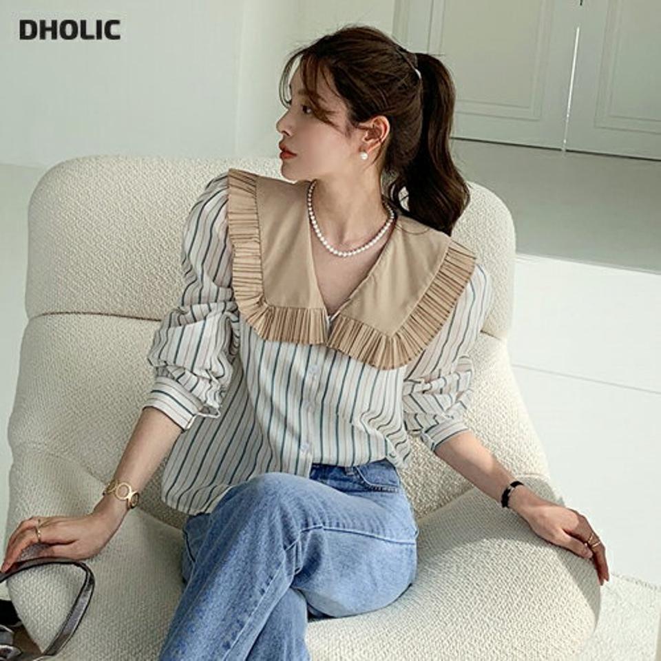 プリーツカラーストライプブラウス・全2色・t00260 レディース 【bl】ブラウス トップス 長袖 襟コン 襟 ストライプ 柄 プリーツ 配色 Vネック 鎖骨 デコルテ見せ パフスリーブ フェミニン カジュアル ユニーク 春 秋 韓国ファッション ハイホリHIHOLLI