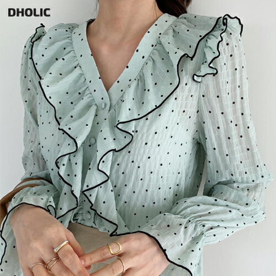 【15%OFF】Vネックドットラッフルブラウス・全2色・t00261 レディース 【tops】トップス ブラウス 長袖 フリル Vネック ドット 柄 ラッフル パステル 鎖骨 デコルテ 配色 ライン 春 秋 シアー 上品 ガーリー フェミニン キュート 韓国ファッション ハイホリHIHOLLI blセール