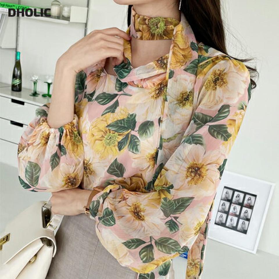 フローラルストラップブラウス・全2色・b00262 レディース 【tops】トップス ブラウス 長袖 花柄 総柄 ネックストラップ ロング ビンテージ風 透け感 春 夏 秋 スクエアネック 鎖骨 デコルテ見せ パフスリーブ フェミニン 韓国ファッション ハイホリHIHOLLI