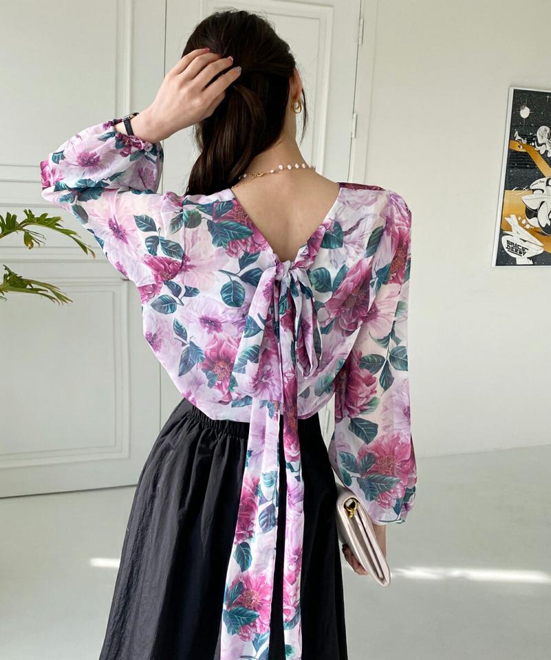 フローラルストラップブラウス・全2色・b00262 レディース 【tops】トップス ブラウス 長袖 花柄 総柄 ネックストラップ ロング ビンテージ風 透け感 春 夏 秋 スクエアネック 鎖骨 デコルテ見せ パフスリーブ フェミニン 韓国ファッション ハイホリHIHOLLI