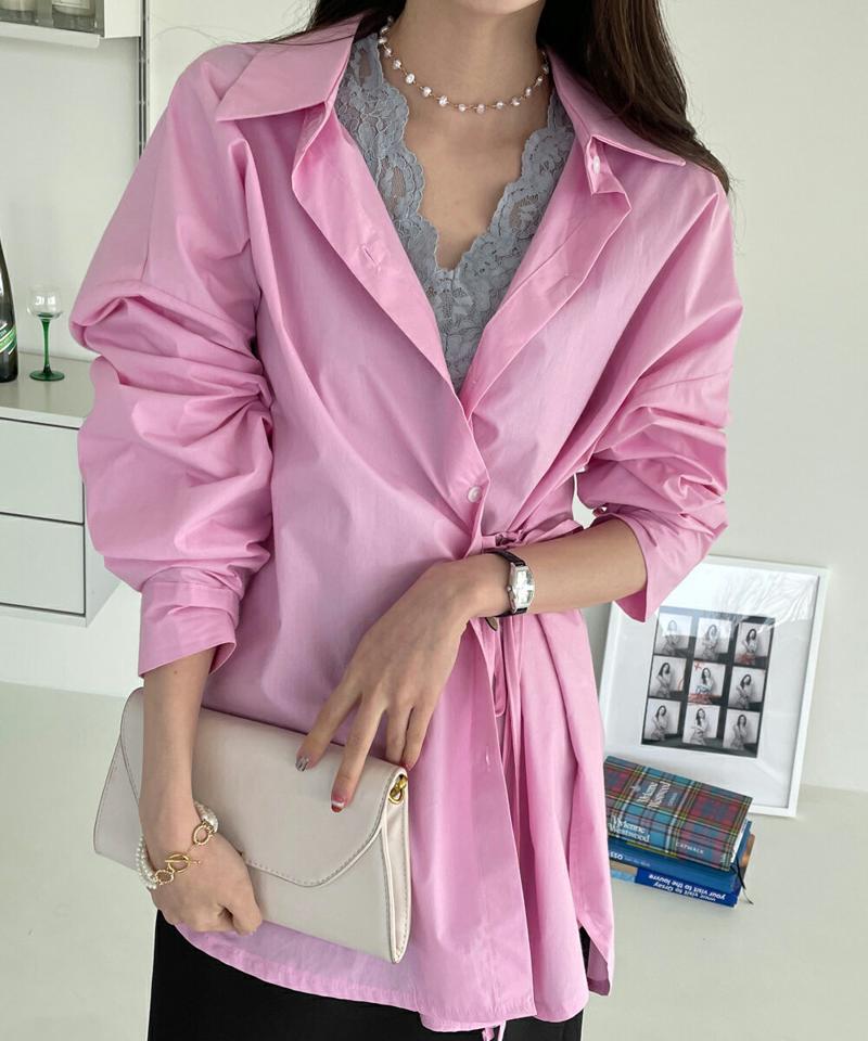 ストラップオーバーフィットシャツ・全3色・t00263 レディース 【bl】シャツ 長袖 襟 ボタン ユニーク ストラップ パステル 無地 単色 シンプル ドロップショルダー ロング丈 水色 ラフ ゆったり きれいめ 大人っぽ 韓国ファッション ハイホリHIHOLLI