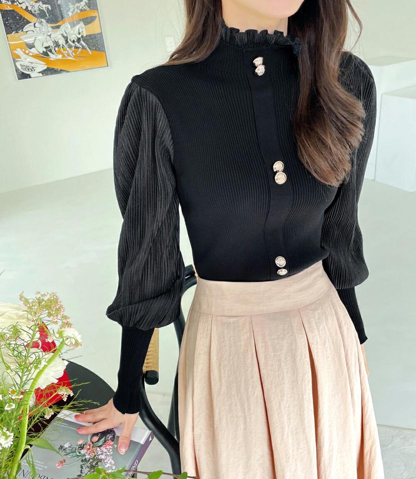 ≪人気商品再入荷≫フリルハイネックパフスリーブリブニット・全2色・b00264 レディース 【tops】ニット 長袖 ハイネック リブ 単色 シフォン 春 秋 冬 透け感 上品 フェミニン シアー パフスリーブ 韓国ファッション ハイホリHIHOLLI クリスマス