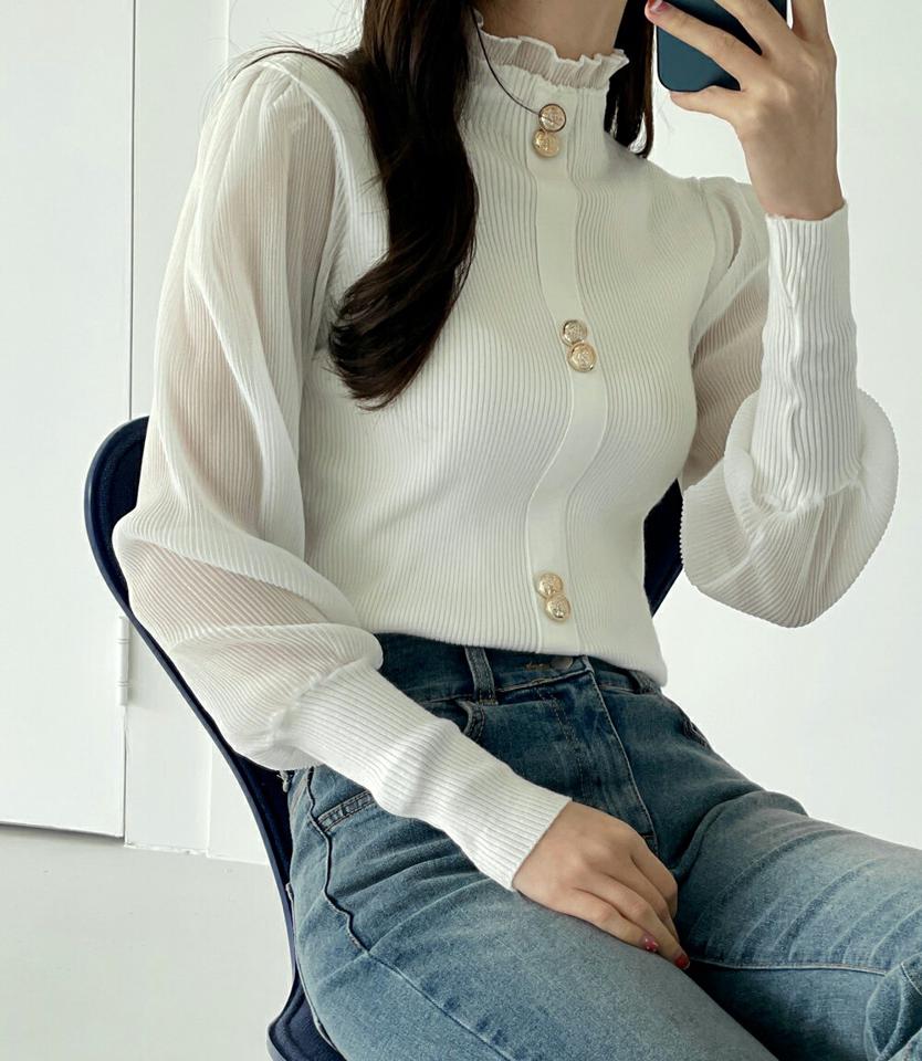 ≪人気商品再入荷≫フリルハイネックパフスリーブリブニット・全2色・b00264 レディース 【tops】ニット 長袖 ハイネック リブ 単色 シフォン 春 秋 冬 透け感 上品 フェミニン シアー パフスリーブ 韓国ファッション ハイホリHIHOLLI クリスマス