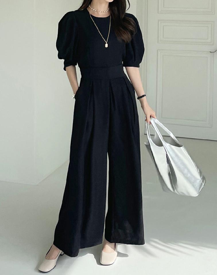 【マラソンSALE】パフスリーブオールインワン・全1色・b00270 レディース 【pt】オールインワン 半袖 ロング 丈 パンツ 単色 無地 シンプル パフスリーブ ワイド 春 秋 夏 フェミニン カジュアル 大人 二の腕カバー きれいめ 韓国ファッション ハイホリHIHOLLI