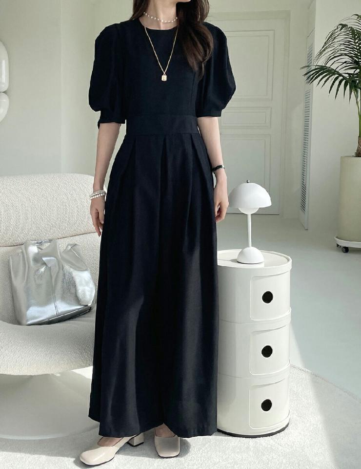 【マラソンSALE】パフスリーブオールインワン・全1色・b00270 レディース 【pt】オールインワン 半袖 ロング 丈 パンツ 単色 無地 シンプル パフスリーブ ワイド 春 秋 夏 フェミニン カジュアル 大人 二の腕カバー きれいめ 韓国ファッション ハイホリHIHOLLI