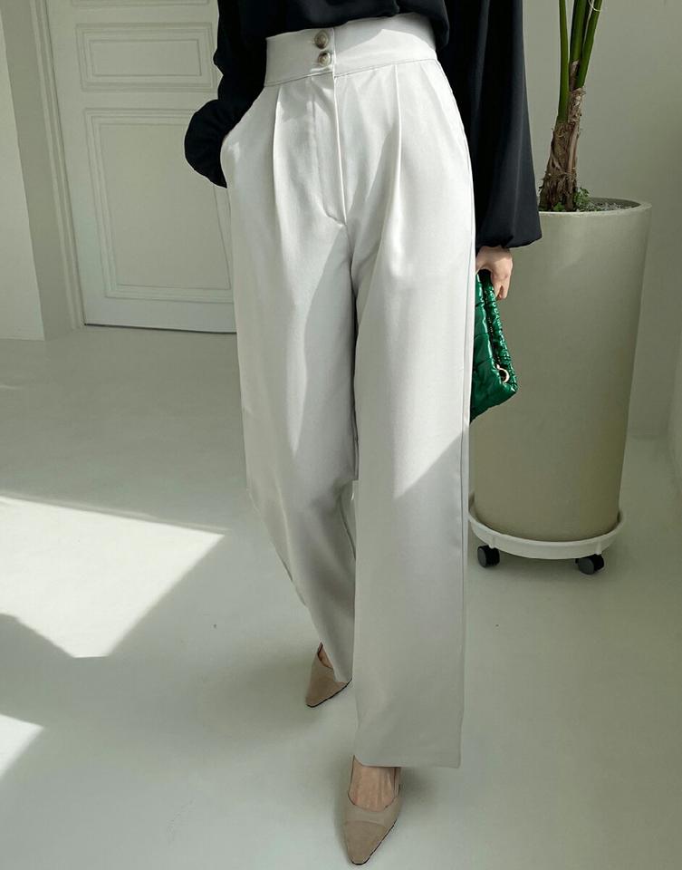 ツーボタンワイドスラックス・全3色・t00279 レディース 【pt】スラックス パンツ ロング 丈 単色 無地 シンプル 春 秋 ボタン ワイド オフィスカジュアル ダーツライン ハイウエスト 脚長 フェミニン カジュアル 大人 韓国ファッション ハイホリHIHOLLI