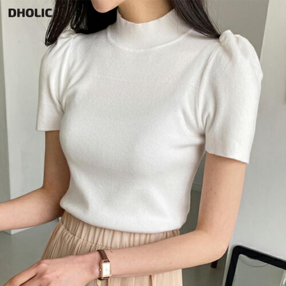 【20%OFF】パフ半袖ハーフネックニット・全7色・t66858 レディース 【tops】韓国ファッション トップス ニット 大人 半袖 ハーフネック パフスリーブ ビビッドカラー クロップド丈 スリム 無地 シンプル フェミニン カジュアル デイリー 夏 春 秋 GWセール