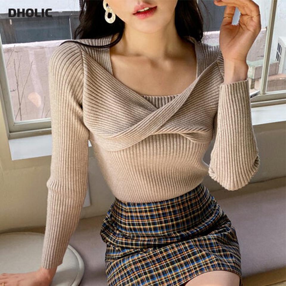 スクエアツイストリブニット・全3色・t66861 レディース 【tops】韓国ファッション トップス ニット 大人 長袖 スクエアネック ツイスト デコルテ ラウンドカット かわいい 無地 シンプル スリム 体型カバー フェミニン カジュアル 春 秋
