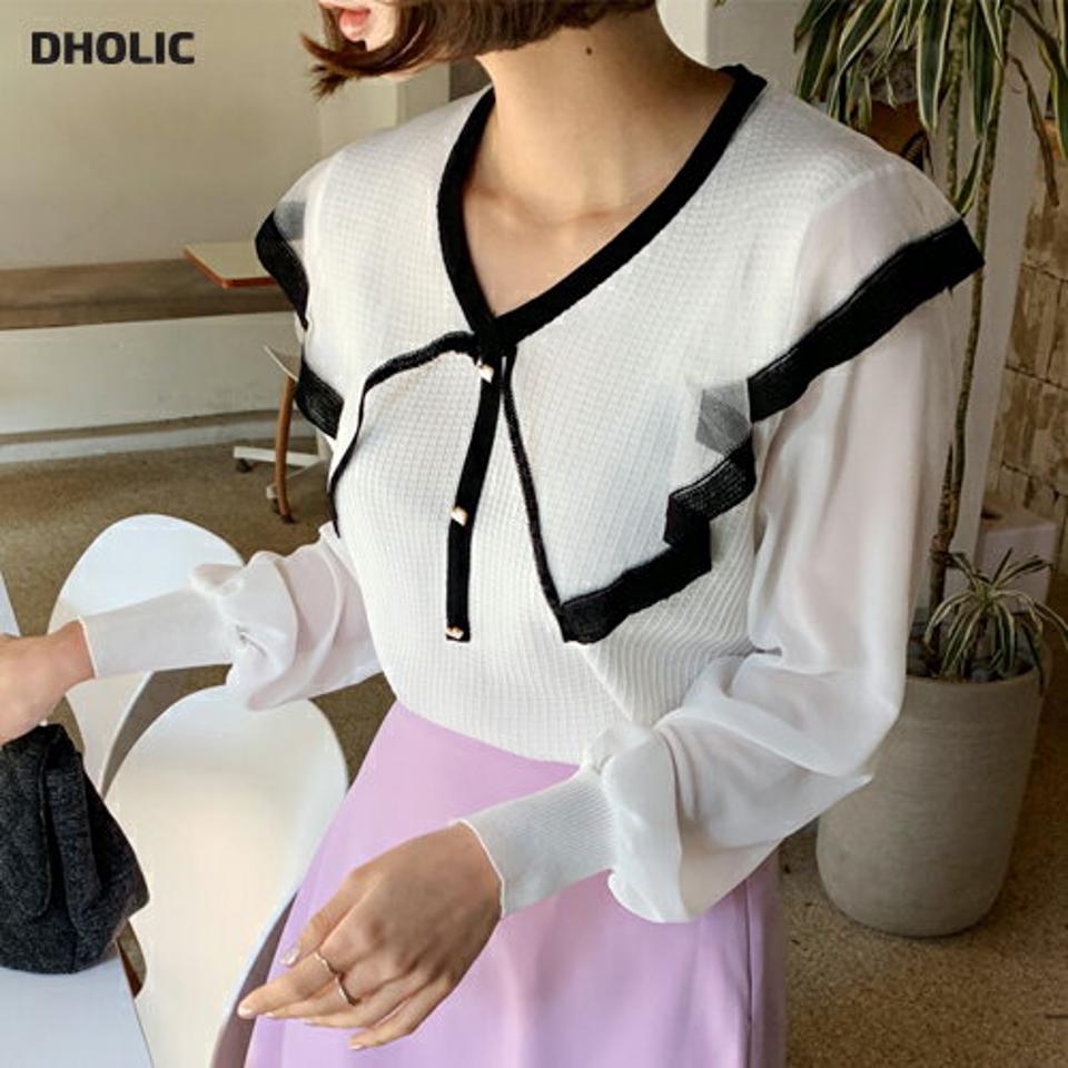 シアーカラーシフォンスリーブニット・全3色・b66862 レディース 【tops】韓国ファッション トップス ニット 大人 長袖 Vネック カラー シアー シフォンスリーブ かわいい シンプル フェミニン カジュアル 春 秋