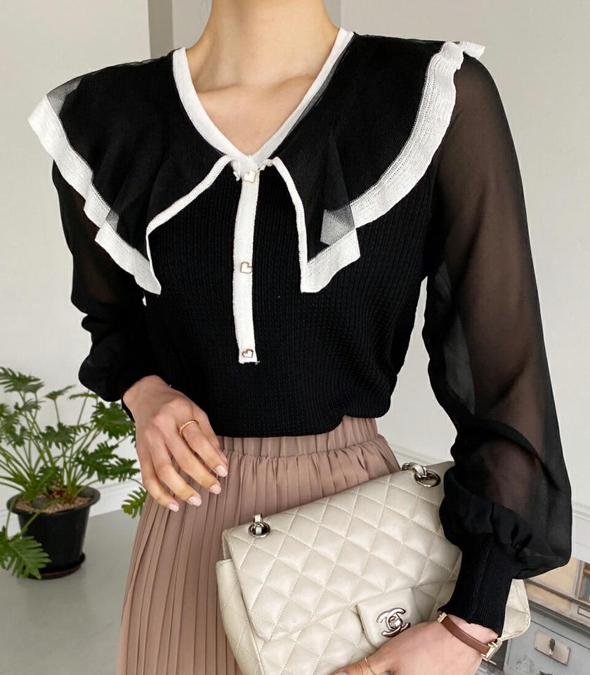 シアーカラーシフォンスリーブニット・全3色・b66862 レディース 【tops】韓国ファッション トップス ニット 大人 長袖 Vネック カラー シアー シフォンスリーブ かわいい シンプル フェミニン カジュアル 春 秋