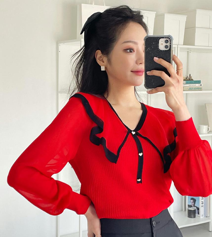 シアーカラーシフォンスリーブニット・全3色・b66862 レディース 【tops】韓国ファッション トップス ニット 大人 長袖 Vネック カラー シアー シフォンスリーブ かわいい シンプル フェミニン カジュアル 春 秋