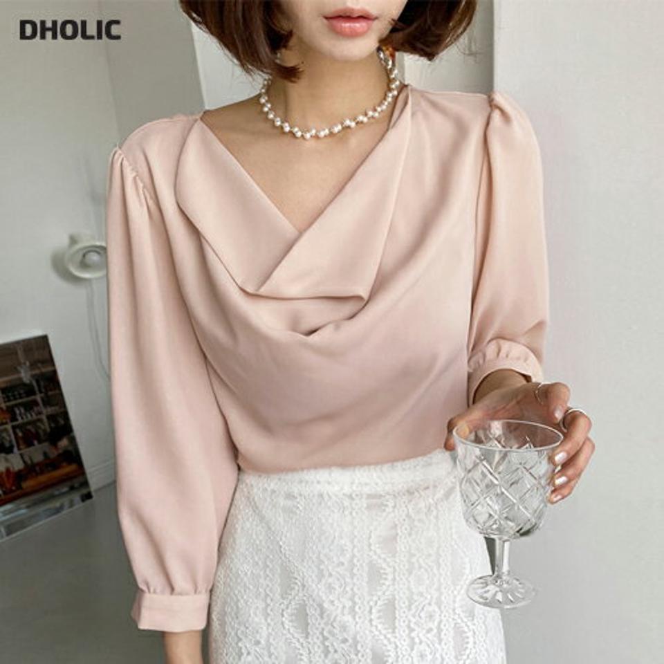 ドレープネック7分袖ブラウス・全3色・t66864 レディース 【bl】韓国ファッション トップス ブラウス 7分袖 7分丈 ドレープネック シフォン パフスリーブ 無地 シンプル かわいい ピンク 可愛い カジュアル フェミニン 春 秋